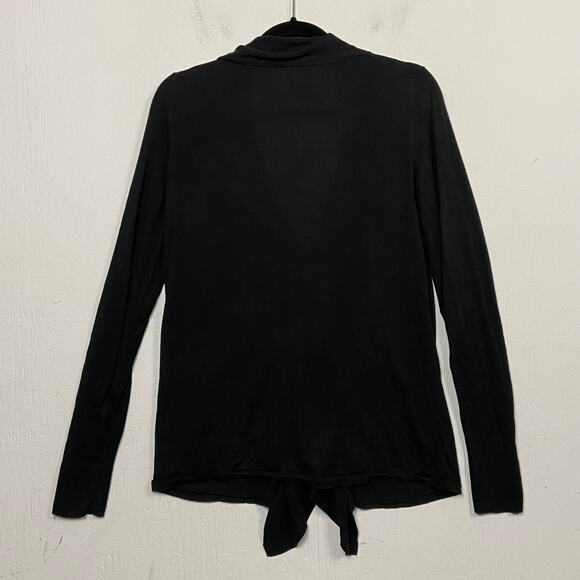 Women's Black Silk Cashmere Ruffle Front Whimsigoth Minimalist Cardigan Sweater - Picture 3 of 10